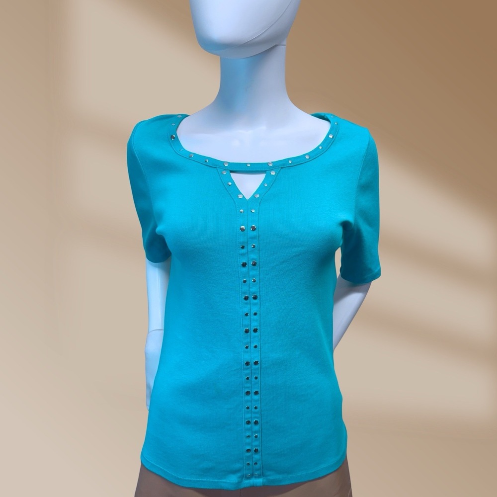 Rafaella Quality Made Blue Stretch Top Silver Stud Embellishments Sz S/P NWOT